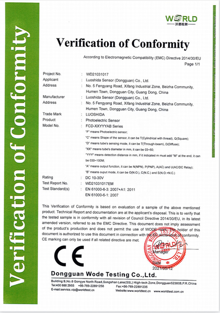 Trung Quốc Luo Shida Sensor (Dongguan) Co., Ltd. Chứng chỉ